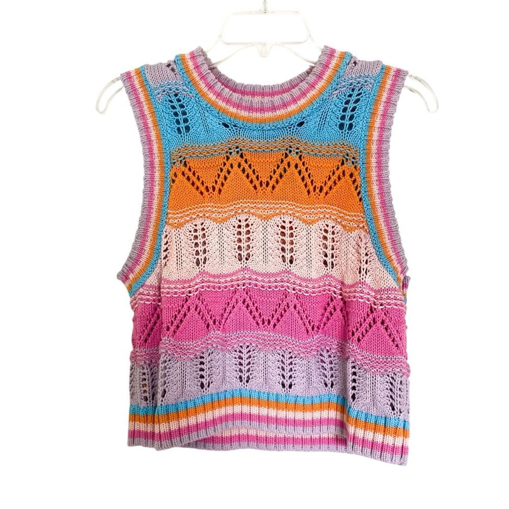 Zara Knit Sleeveless Pink Blue Orange Stripe Colorblock Sweater Vest Size Small